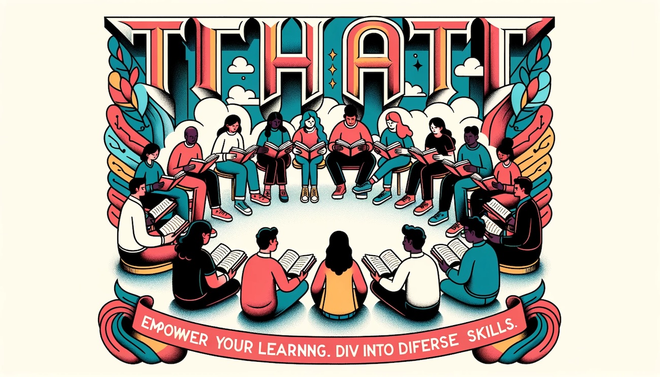 DALL·E 2023-10-21 23.07.17 - Wide illustration of a diverse group of people sitting in a semi-circle, actively engaged in reading and skill-sharing. Above them, the word 'Thoth' i.jpg
